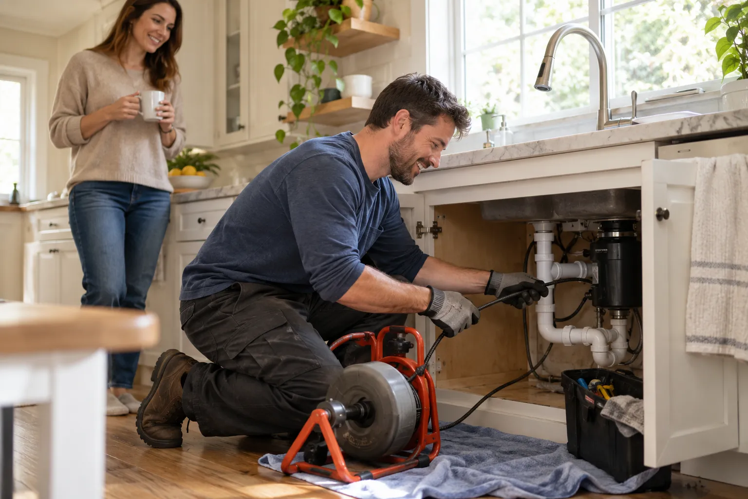Friendly local drain cleaning provider working under a kitchen sink in a Wildwood home while a parent looks on